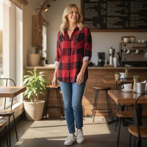Thread + Supply Womens Burgundy & Black Plaid Flannel Long Sleeve Blouse Medium